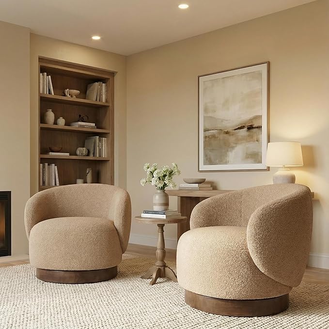 Swivel Accent Chair Round Barrel Armchair Upholstered Performance Fabric for Living Room Bedroom Waitingroom2 BoxSand