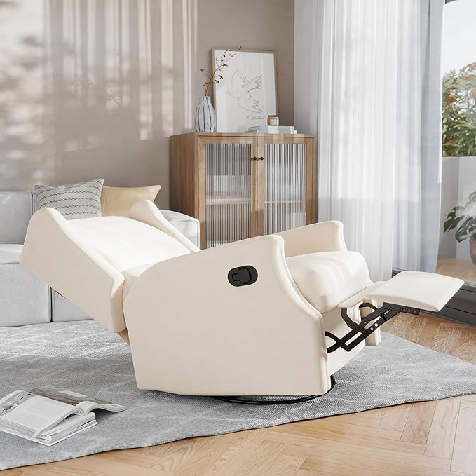 Flash Furniture Omma Swivel Glider Rocking Recliner Manual Wingback Recliner with 360 Degree Swivel for Living Room Bedroom or Nursery Upholstered Cream