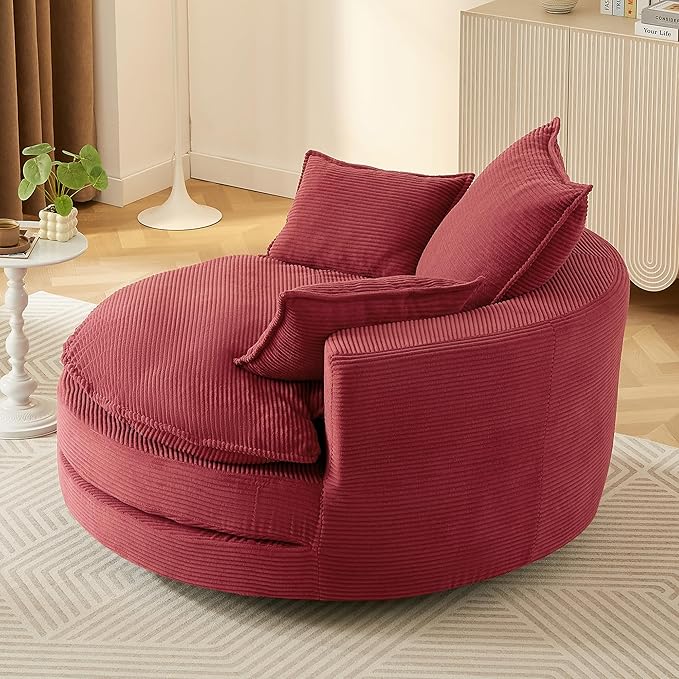 360° Swivel Sofa Chair Accent Barrel Chair 57.5 Swivel Round Chair with Dual-Layer Cushion Design and 3 Removable Pillows for Living Room Bedroom Office and Hotel (Red)