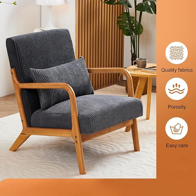 Mid Century Modern Accent Chair with Waist CushionComfy Upholstered Lounge Chair Ergonomic Reading Chair with Solid Rubberwood Frame for Living Room Bedroom (Antique Dark Grey)