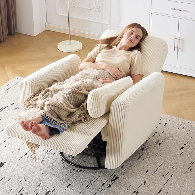 360° Swivel Glider Recliner Chair Oversized Rocker Recliner with Heating and Massage Glider Chair for Nursery with Pillow24 Extra Wide Rocking Chair for Living Room Corduroy Beige