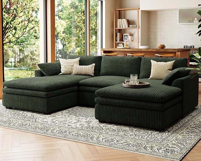 Belffin Large Modular Sectional Sofa with Double Deep Chaise 104 Corduroy U Shaped Couch with 9 Soft Dual-Layer Seats Cushion Sectional Couches for Living Room Apartment Green