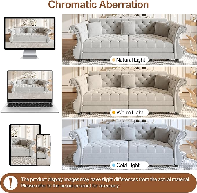 KEIKI 97.6 Chesterfield Sleeper Sofa with Pull Out Bed for Guests Oversized Velvet Couch with Rolled Arms &amp Tufted Upholstery for Hosting