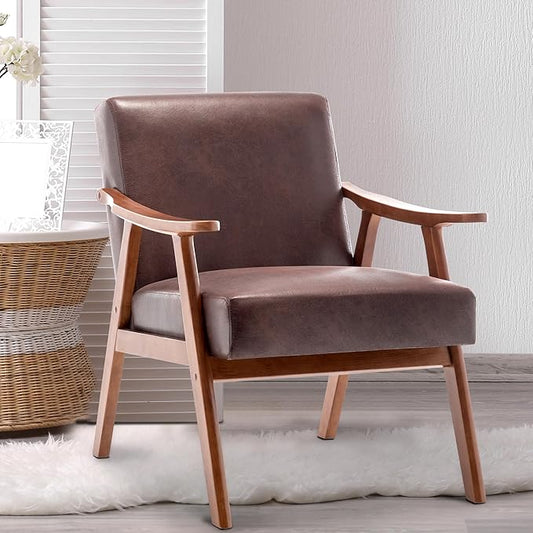 Mid Century Modern Accent Chairs with Solid Wood Frame Comfortable Accent Chair with Arms for Living Room or Bedroom Dark Brown