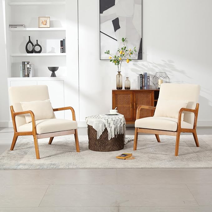 Modern Accent Chair Solid Wood Padding Lounge Armchairs with One Pillow for Living Room Bedroom Guest Room (Beige)