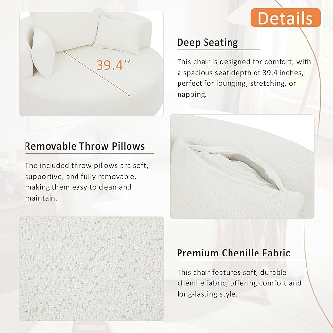 55 Oversized Round Swivel Accent Barrel Chair Modern 360 Degree Chenille Upholstered Comfy Chaise Lounge Chair Indoor Deep Seat Single Sofa Armchair for Living RoomBedroomOffice Beige