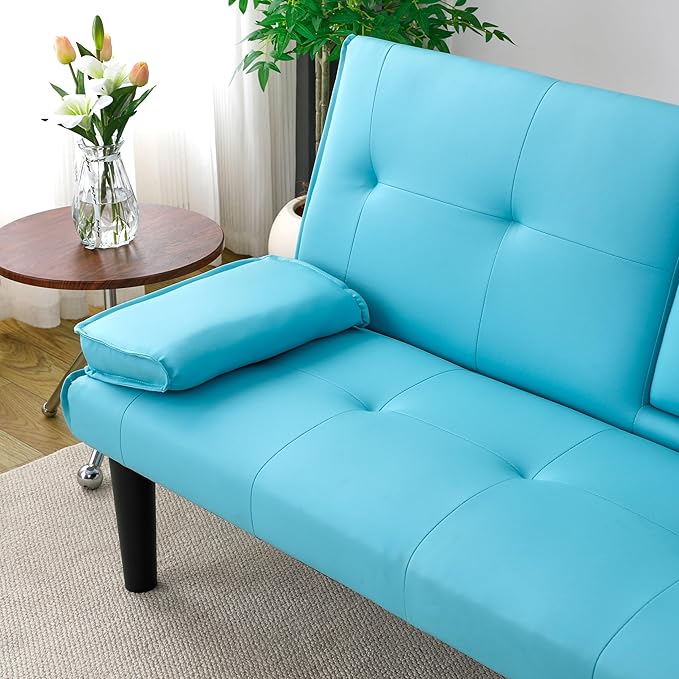 KEIKI 3 in 1 Convertible Sleeper Sofa Bed with Cup Holder Futon Sofa Bed for Living Room Dorm or Home Office Blue