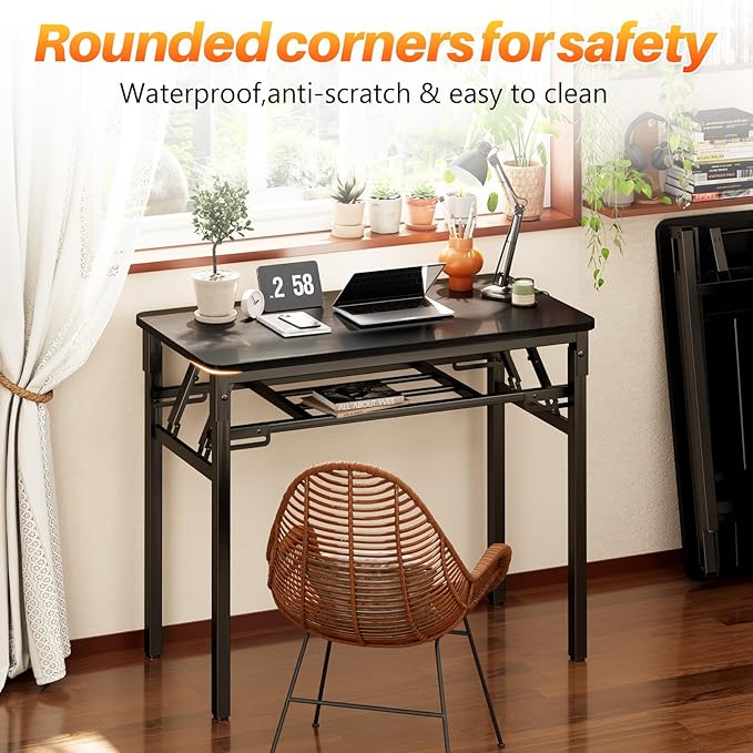 BYMECOST 39 inches Folding Computer Desk No Assembly Long Foldable Office Table Portable Large Foldable Home Office Desk No Install Activity Table Conference Table (Black 39.4)