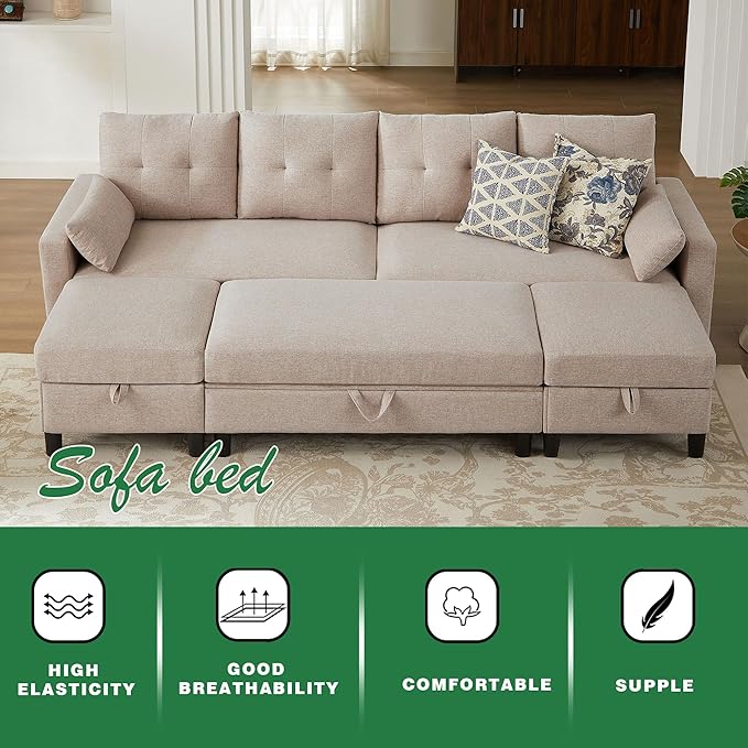 101 Modern Sectional Sleeper Sofa Bed U Shaped Couch with Storage Ottoman and Side Pockets 4 Seater Sofa for Living Room Apartment Beige