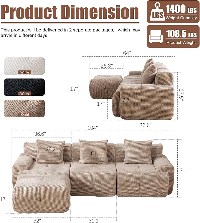 104 Modular Sectional SofaModern L-Shaped Couch Boneless Couch Filling with Spring and Foam Soft Pineapple Lattice Material with Movable Ottoman for Living Room - No Assembly