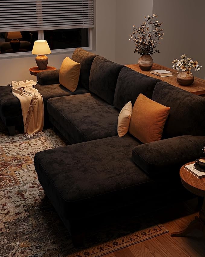 U-Shaped Sectional Couches for Living Room | 112 Inch Modern Sectional Couch | Black Chenille Sofa with Double Chaise for Apartment