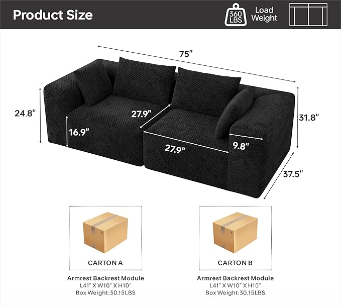 75'' Boneless Couch - Sectional Cloud Sofa for Living RoomTwo-Seater Modular CouchesNo Assembly Required Suitable for Living Rooms and BedroomsBlack
