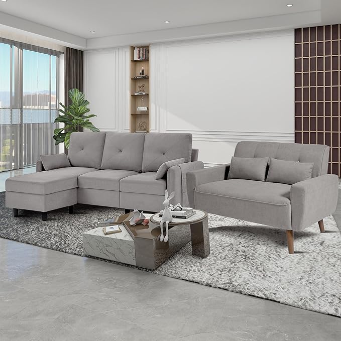 Convertible Sectional Sofa Set 77 Small L Shaped 3 Seat Couch with Ottoman and 48 Loveseat Modern Sofa Couches for Living Room Light Grey