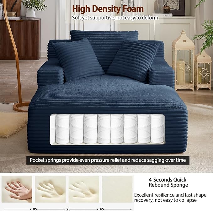 50 Chaise Lounge Chair Indoor Corduroy Lazy Sofa Bed Sleeper Chair with 3 Pillows &amp Spring Cushion Oversized Reading Chair for Living Room Apartment Blue