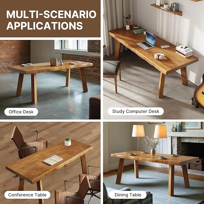 Solid Wood Desk 55 inches Live Edge Wooden Home Office Computer Desk Modern Simple Design for Writing Study Dining Gaming