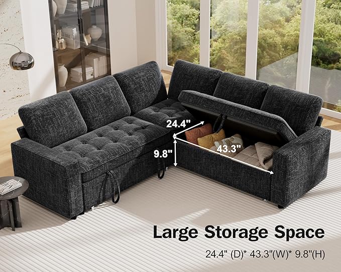 Vipbear Modular Sectional Sleeper Sofa Bed with Pull Out Bed/Reclining Backrest/USB Ports 5 Seat L Shaped Sectional Sleeper Couch Tool-Free Assembly Chenille Black
