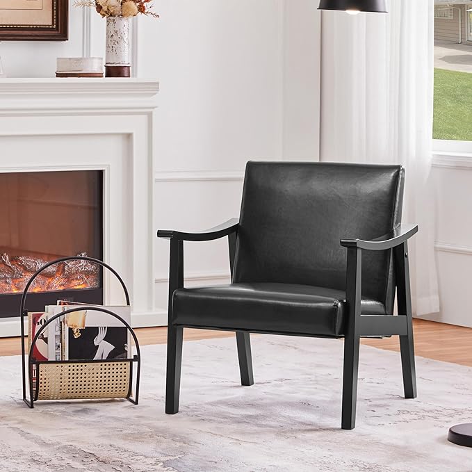 Topeakmart Faux Leather Accent Chair Mid Century Leisure Chair with Wooden Frame Modern Barrel for Living Room Bedroom 2 Pieces Black