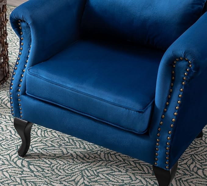 Mid Century Modern Accent Chair Upholstered Armchair Comfy Velvet Fabric Single Sofa with Tufted Wingback for Small Spaces Bedroom Living Room Blue