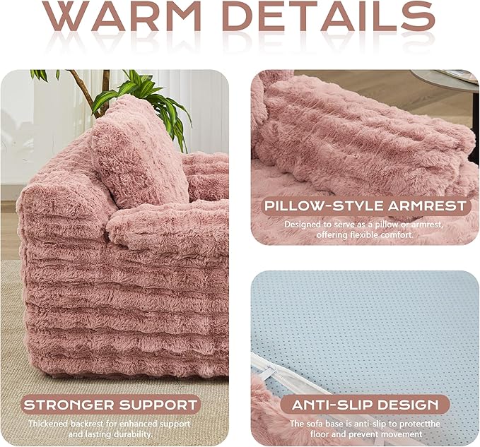 Oversized Lounge Chair Plush Faux Fur Comfy Reading Chair Boneless Chaise Sofa Recliner Bed Sleeper Couch with Wide Pillow Armrest for Living Room Bedroom (Pink)