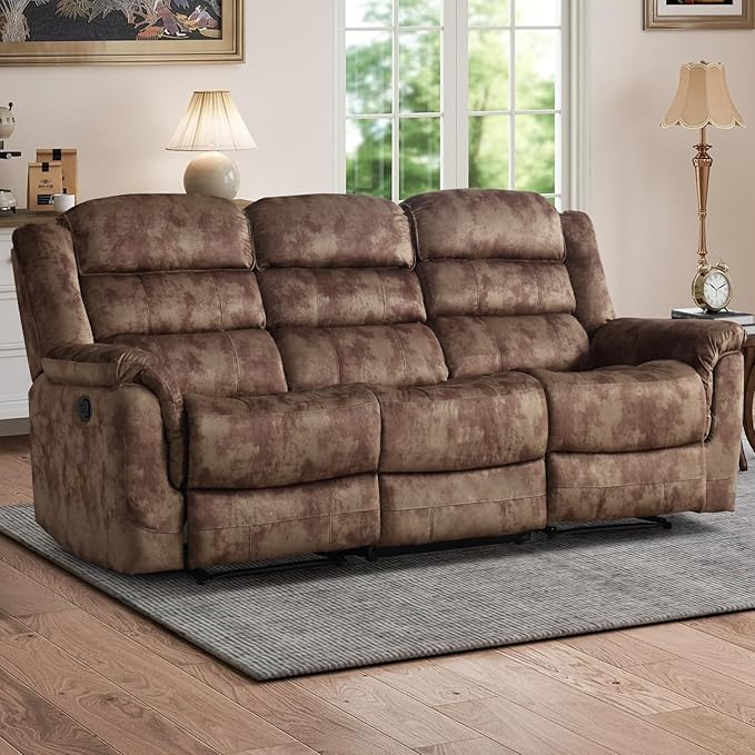 EBELLO Reclining Sofa for Living Room Extra Wide Modern Overstuffed 3 Seat Recliner Manual Sofa Chair Breathable Soft Fabric and Padded Seat Brown