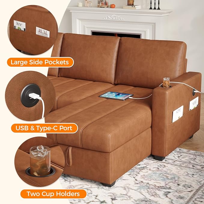 Fadware 89” L Shape Sofa Sleeper Sectional Sofa Bed with Hidden Storage&amp Side Pocket Anti-scratch Faux Leather Couch Bed with ChargePort&amp CupHolder Modern Piano Design Pull Out Couch for Li