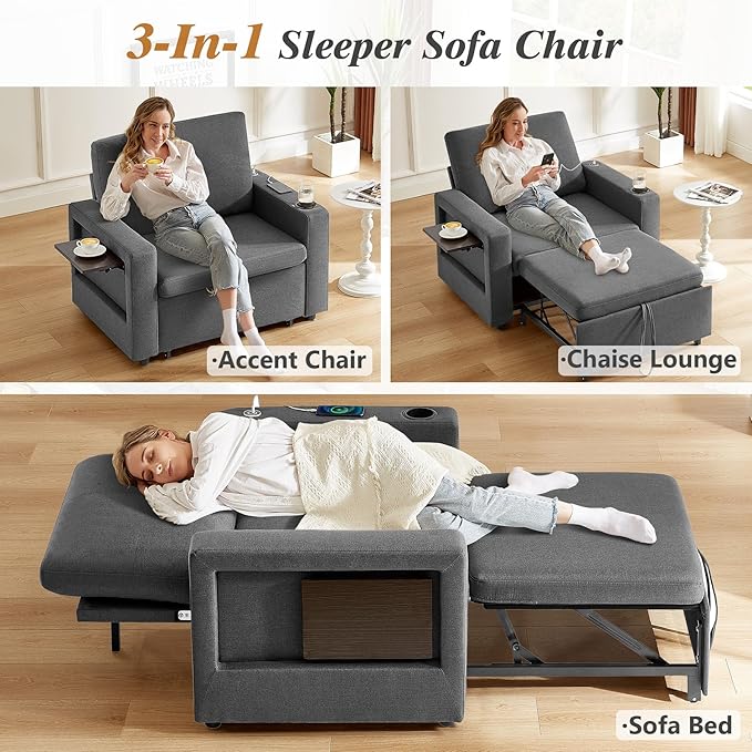 WEUP 42.5 Sleeper Sofa Chair Bed 3-in-1 Convertible Sleeper Chair with Pull Out Bed Adjustable Reclining Backrest Side Pockets Cup Holder USB Ports &amp Wing Table Premium Dark Grey