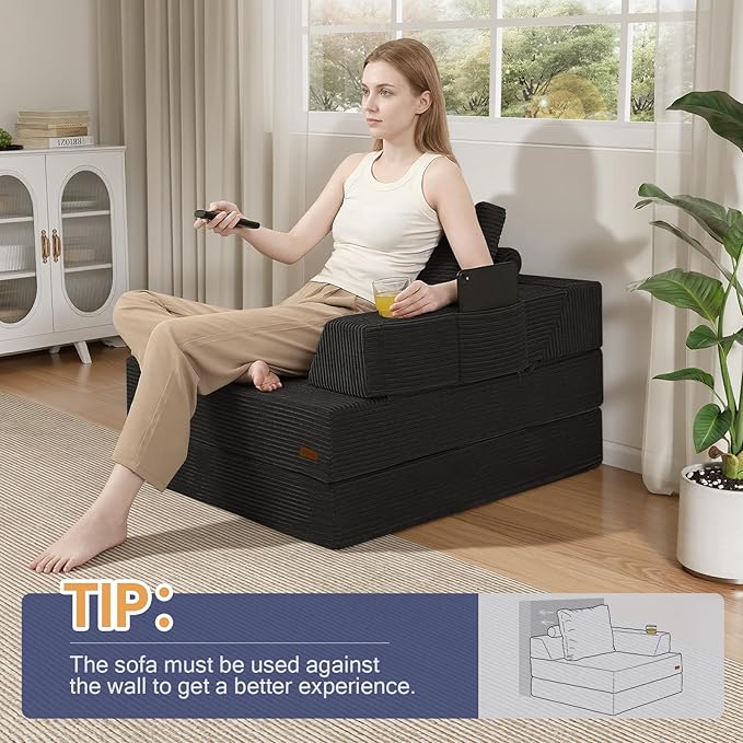COMAX Folding Sofa Bed Foldable Couch for Bedroom Corduroy Convertible Floor Sleeper Futon Chair Foam 3 in 1 Fold Out Chair Portable Comfy Lounge Couch Single Sofa Bed for Small Space Guest Room