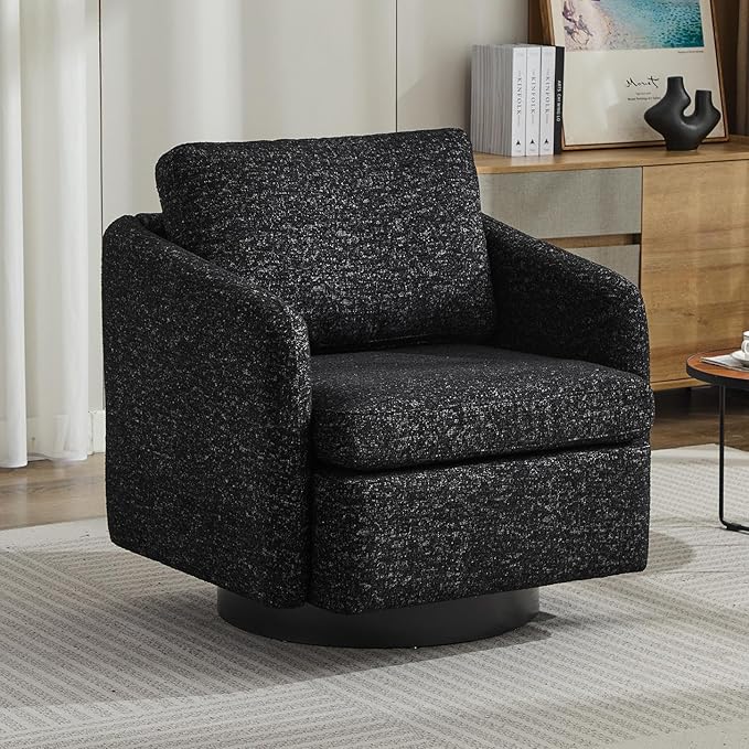 Moden Swivel Accent Chair 360 Degree Round Swivel Barrel Chair with Pillow Upholstered Comfy Barrel Armchair Single Club Sofa Chair for Living Room Bedroom Reading Room (Black)