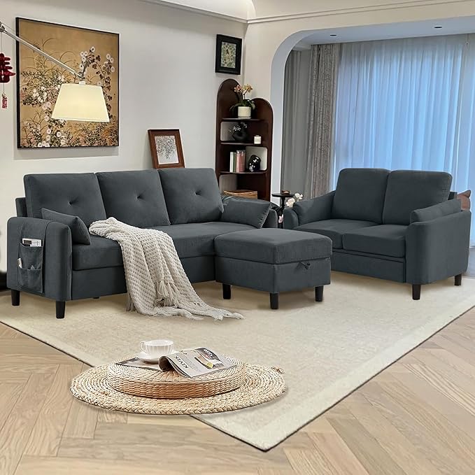 Convertible Sectional Sofa Set 77 Small L Shaped 3 Seat Couch with Reversible Storage Chaise and Loveseat Modern Line Sofa Couches for Living Room Dark Grey