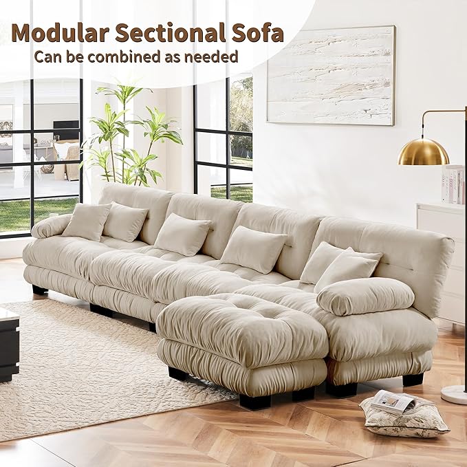 Modular Sectional Sofa 173.2 Cloud Couch L Shaped Couch with Movable Ottoman Modern Deep Seat Couches for Living Room Oversized 4-Seater Sofa Comfy Chenille Sofas for Bedroom Light Coffee