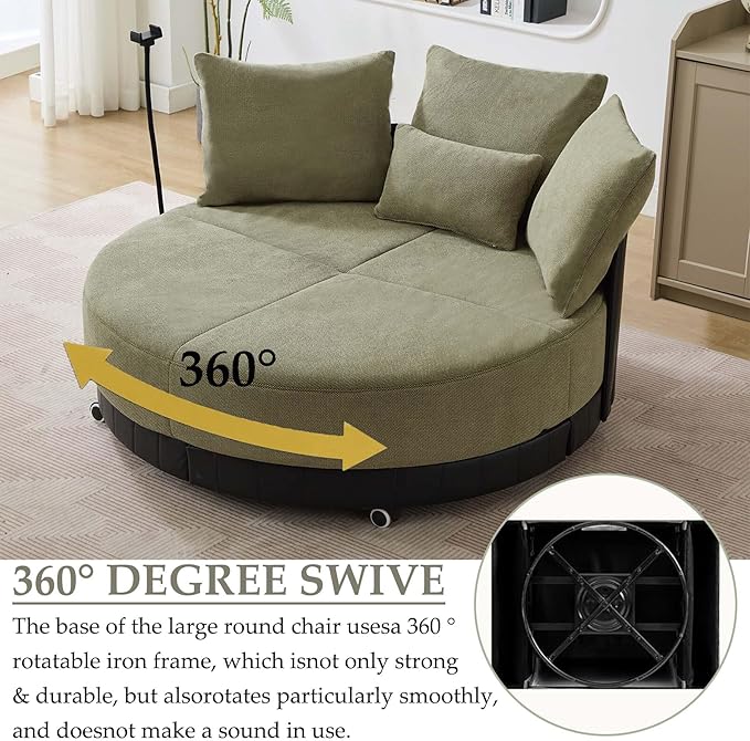Anwick Modern 52'' Oversized Round Swivel Chair 360 Swivel with Adjustable Phone Holder 4 Pillows Upholstered Couples Chair for Living Room Bedroom Lounge Hotel (Green)