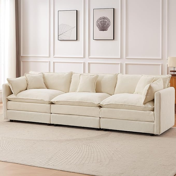 Modular Sectional Sofa 112.2 Inch Rectangle Shaped Couch Set with Armrests 3-Seater Comfy Cloud Couches for Living Room Apartment Beige