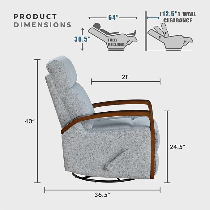Lexicon 360 Degree Swivel Glider Reclining Chair Soft Boucle Manual Recliner Comfy Nursery Glider Recliner Wood Arms Pull Handle for Living Room/Office/Bedroom/Apartment Gray