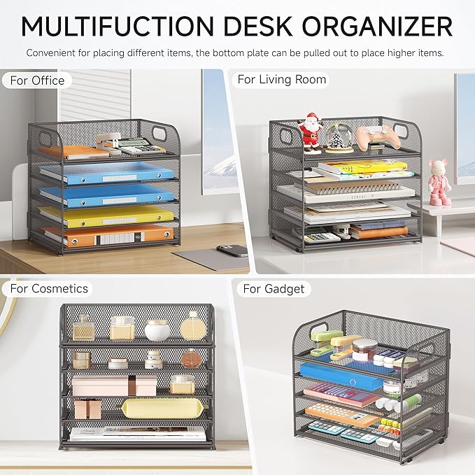Lavatino 5 Tray Desk File Organizer Mesh Paper Sorter Letter Tray Organizer with Handle Desktop File Organizer and Storage for Letter/A4 Office File Folder- Grey
