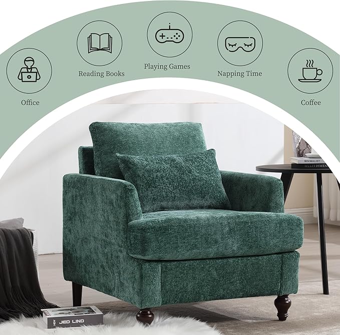 Modern Accent Chair Living Room Upholstered Chenille Armchair with Waist Pillow Single Sofa for Living Room Bedroom Office Emerald