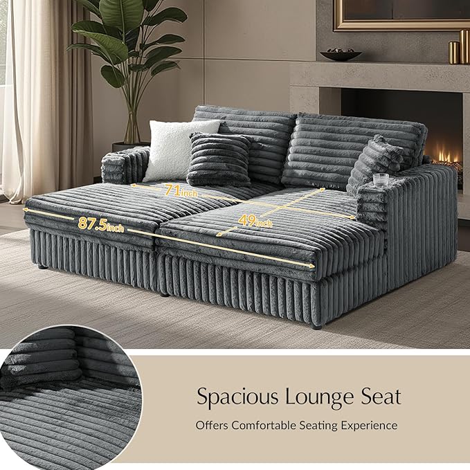 HULALA HOME 88 Double Chaise Lounge Sofa with USB Port and Cup Holder Oversized Cloud Couch with Faux Rabbit Fur Deep Seat Sleeper Sofa Bed for Living Room Bedroom Grey