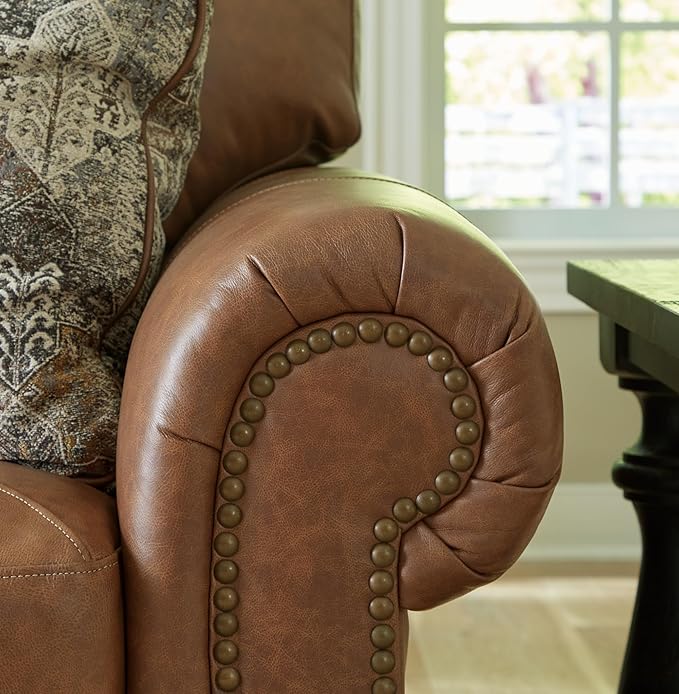 Signature Design by Ashley Carianna Contemporary Leather Match Upholstered Oversized Chair with Nailhead Trim and 1 Accent Pillow Dark Brown