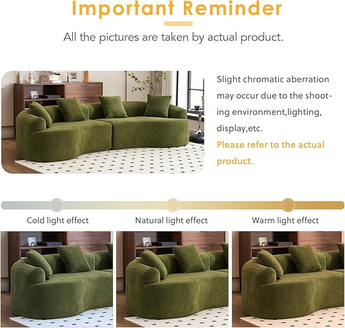 Modern Curved Boneless Sofa 110 Compression Modular Chenille High-Density Sponge Sectional Couch with 4 Seats No Assembly Required Lounge Sleeper Sofa for Living Room Apartment (Green)