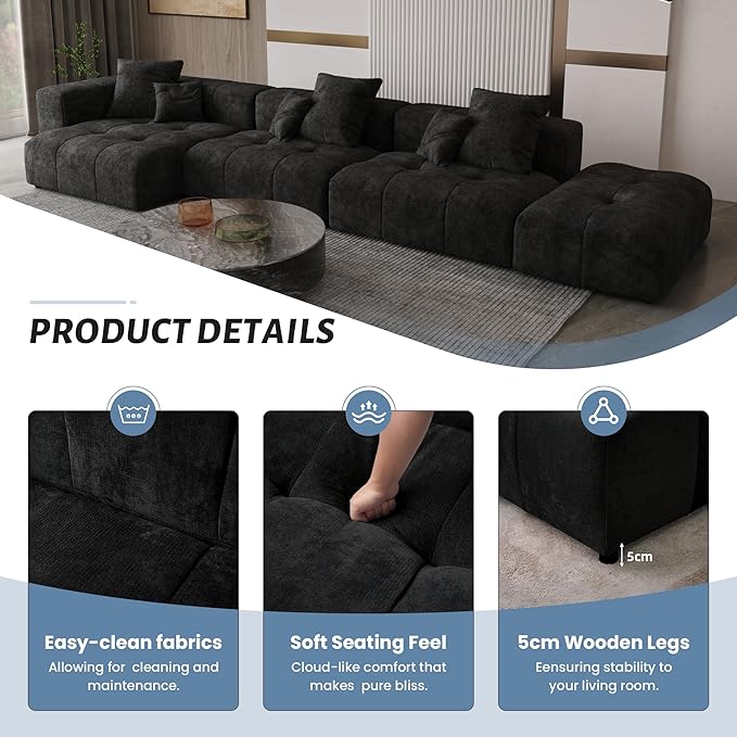 WJShome 119 L Shaped Sectional CouchModern Modular Sofa with OttomanLinen Deep Loveseat with Pillows Couches for Living Room Bedroom and ApartmentBlack