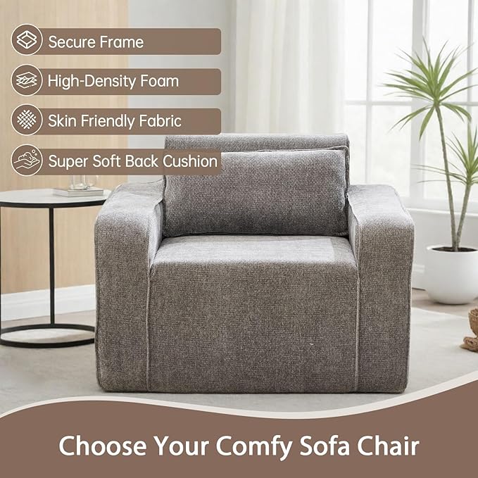 Accent Chair Set of 2 42'' Wide Oversized Boneless Sofa Chenille Mid Century Modern Armchair for Living Room Bedroom Comfy Accent Chair Single Sofa Gray