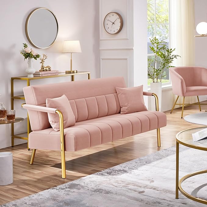 Yaheetech 56.5 W Modern Sofa Small Sofa Luxurious Velvet Fabric Couch with Gold-Tone Metal Arms and Legs for Living Room Home Office Studio Pink