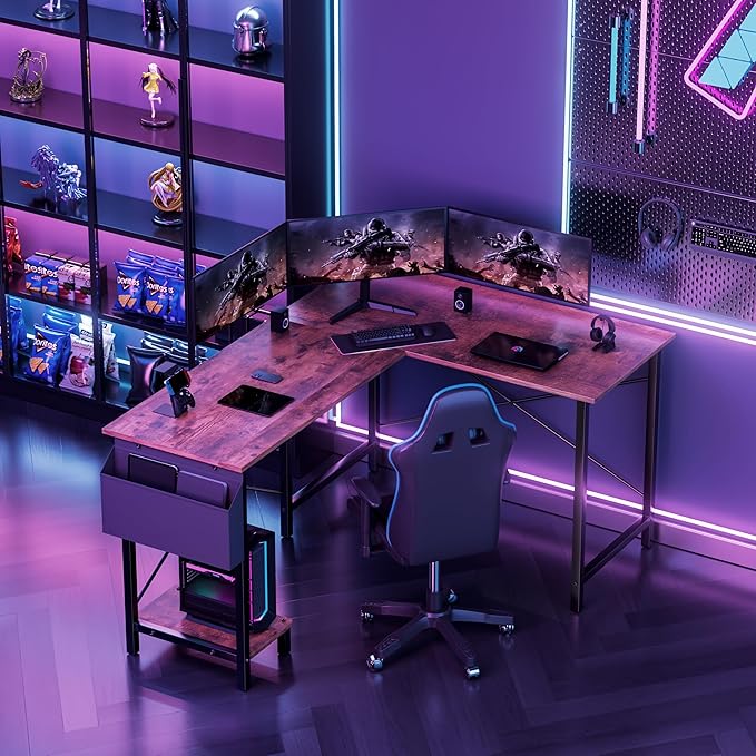 YSSOA 50 L Shaped Gaming Desk with Reversible Corner - Home Office Computer Desk with Wood Top Metal Frame CPU Stand &amp Storage Bag for Small Space Gaming Room Rust