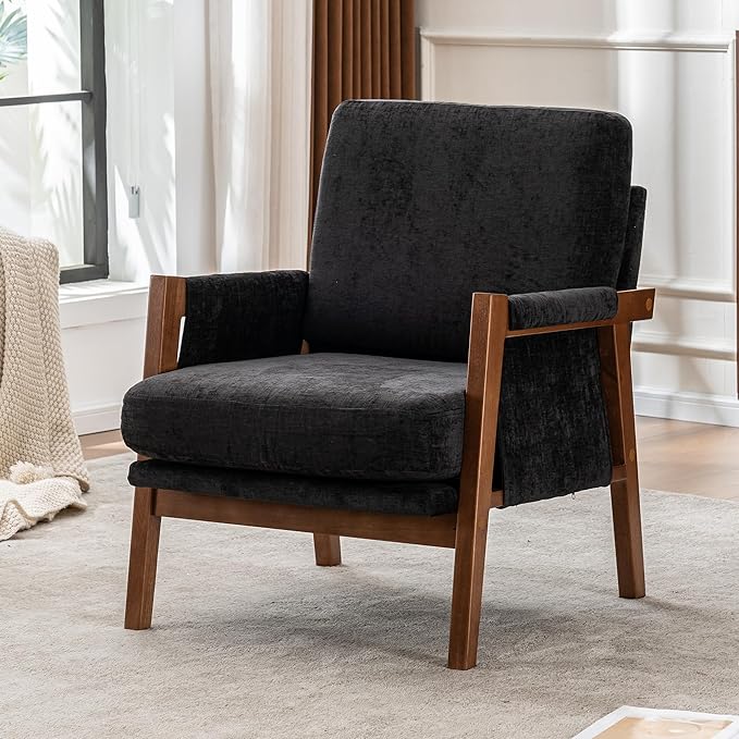 Mid Century Modern Accent Chair with Wood Frame Upholstered Living Room Chairs with Wide Armrest Chenille Fabric Comfy Arm Chair for Bedroom Reading Room Balcony (1 Black)