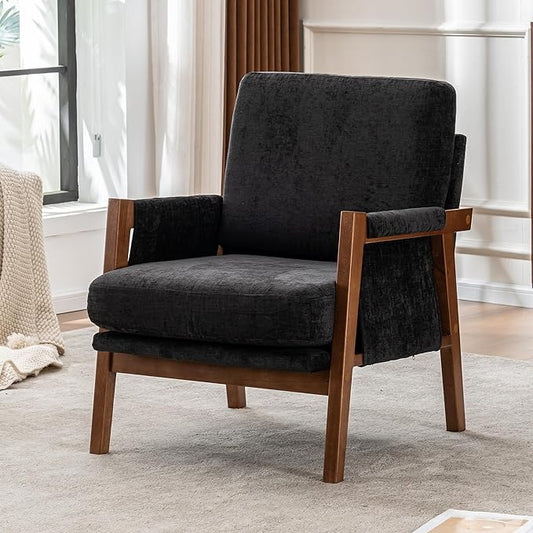 Mid Century Modern Accent Chair with Wood Frame Upholstered Living Room Chairs with Wide Armrest Chenille Fabric Comfy Arm Chair for Bedroom Reading Room Balcony (1 Black)