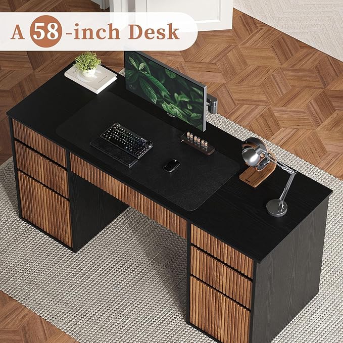 4 EVER WINNER Black Desk with Drawers 58 Executive Office Desk with 7 Drawers and Hidden Handle Computer Desk with File Cabinets for Living Room Study Table for Bedroom Black
