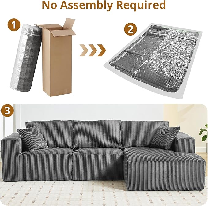 Sectional Cloud Boneless Couch 108 Modern Comfy L-Shape No Assembly Required Convertible Compression Sleeper Modular Sofa with Corduroy Fabric Deep Seat Loveseat + Chaise for Living Room