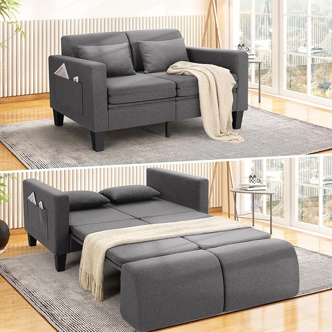 SEJOV 6-in-1 Convertible Sofa Bed 58 Loveseat Sleeper Sofas with Pull Out Couch Bed Removable Backrest Storage Pockets and 2 Pillows Modern Folding Linen Futon Couch for Small Spaces Gray