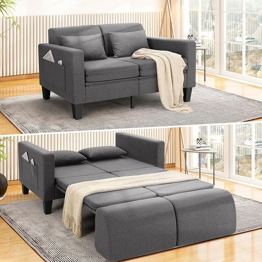 SEJOV 6-in-1 Convertible Sofa Bed 58 Loveseat Sleeper Sofas with Pull Out Couch Bed Removable Backrest Storage Pockets and 2 Pillows Modern Folding Linen Futon Couch for Small Spaces Gray