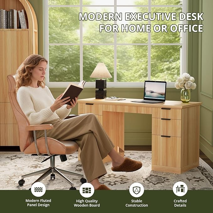 FURSUN 58 Executive Desk with Charging Station &amp File Drawer Modern Fluted Home Office Desk with 5 Drawers &amp Keyboard Tray Large Computer Writing Desk Natural Oak