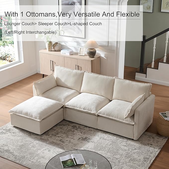 93'' Cloud Modular Sectional Couch with Convertible Removable Ottoman Oversized L Shape Sofa Deep Seat Sofa with Throw Pillows for Living Room Bedroom Apartment (Beige)